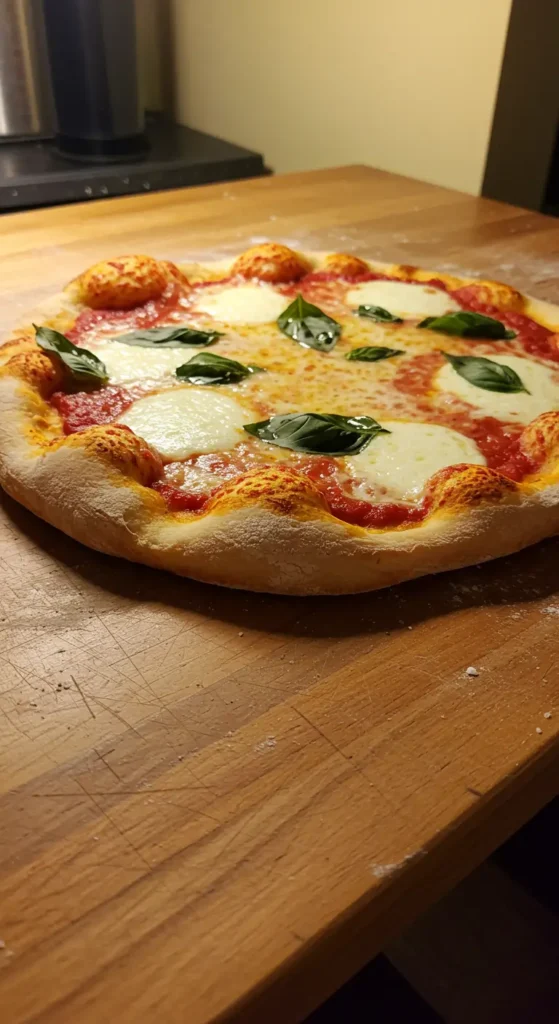 Close-up of baked discarded sourdough pizza dough with golden crust and melted cheese