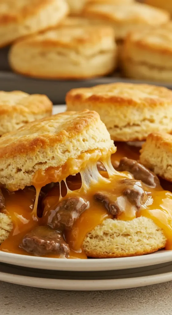 Golden Beef and Cheese Butter Swim Biscuits fresh from the oven, with melted cheese and crispy buttery edges