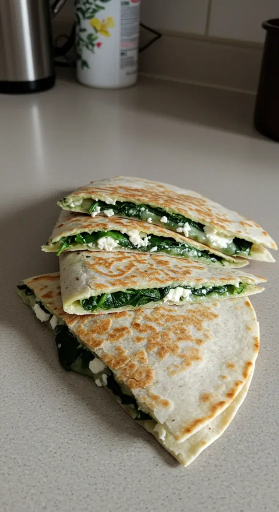 Crispy Spinach and Feta Quesadillas with fresh spinach and melted cheese