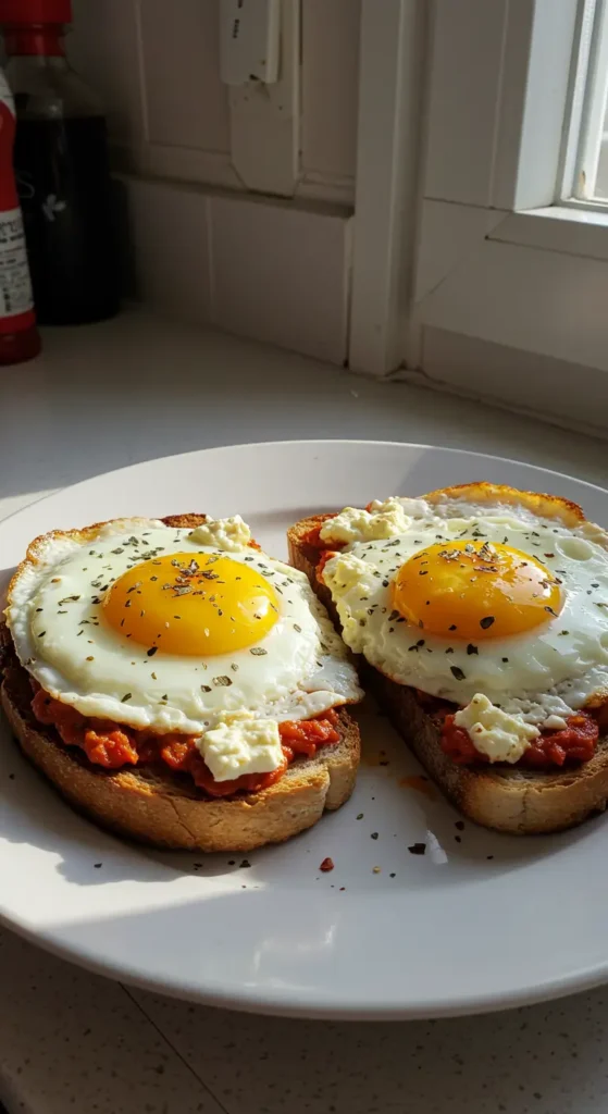 Shakshouka Toast with Feta Fried Eggs served with pesto and herbs on a rustic plate