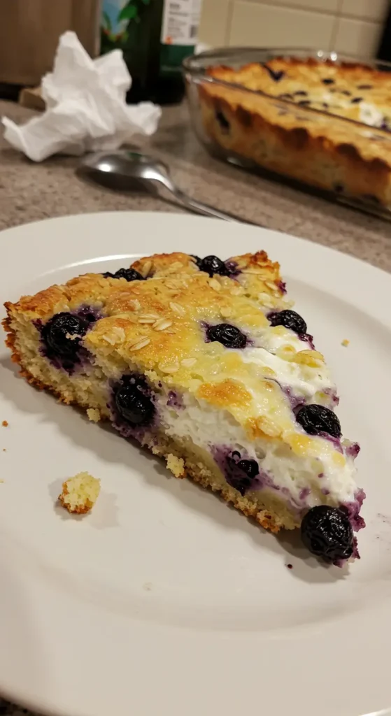 Blueberry Cottage Cheese Breakfast Bake fresh from the oven, topped with blueberries
