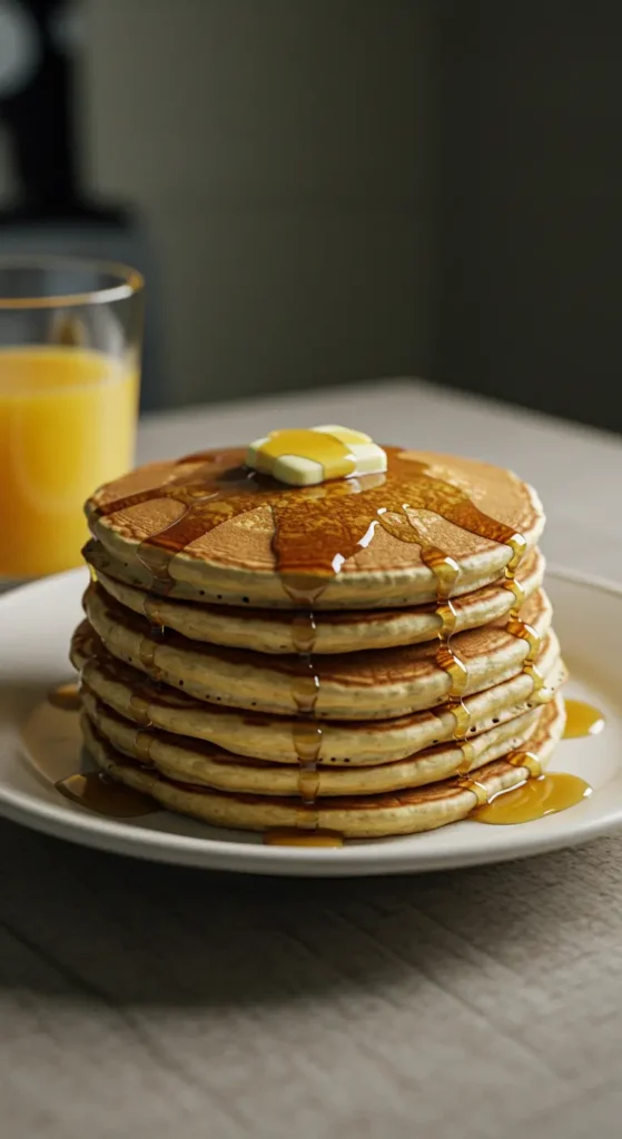 Fluffy Pancakes stacked with butter and syrup on a white plate.