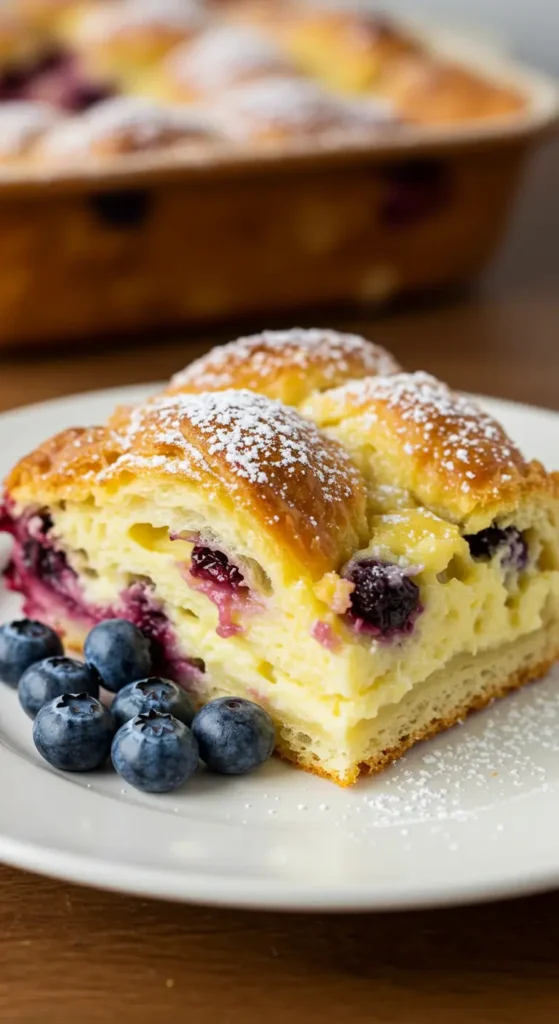Berry Lemon Croissant Casserole in a baking dish with fresh berries and powdered sugar on top.