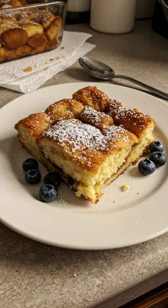 Hawaiian Sweet Roll French Toast Bake topped with powdered sugar and berries