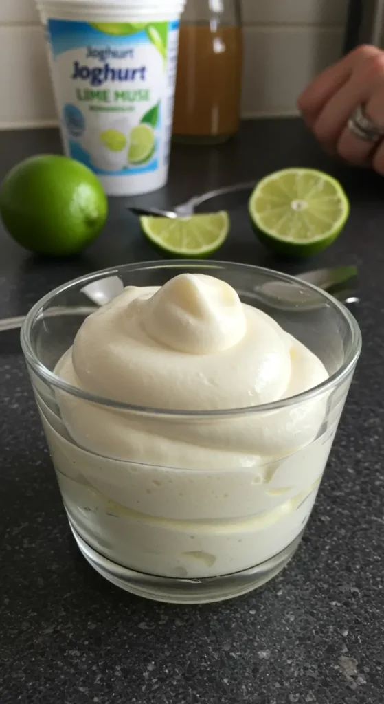 Joghurt Limetten Mousse served in a glass cup with lime zest and mint on top.