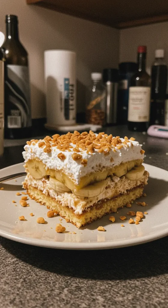 No-Bake Banana Split Dessert with whipped topping, cherries, and graham cracker crust