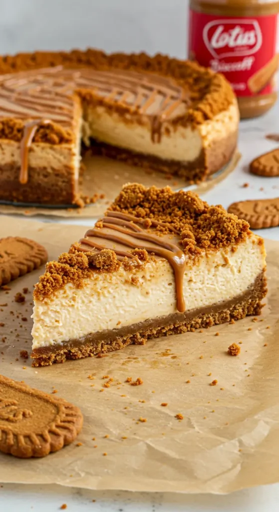 No-bake Lotus Cheesecake Dessert topped with melted Biscoff spread and cookie crumbs
