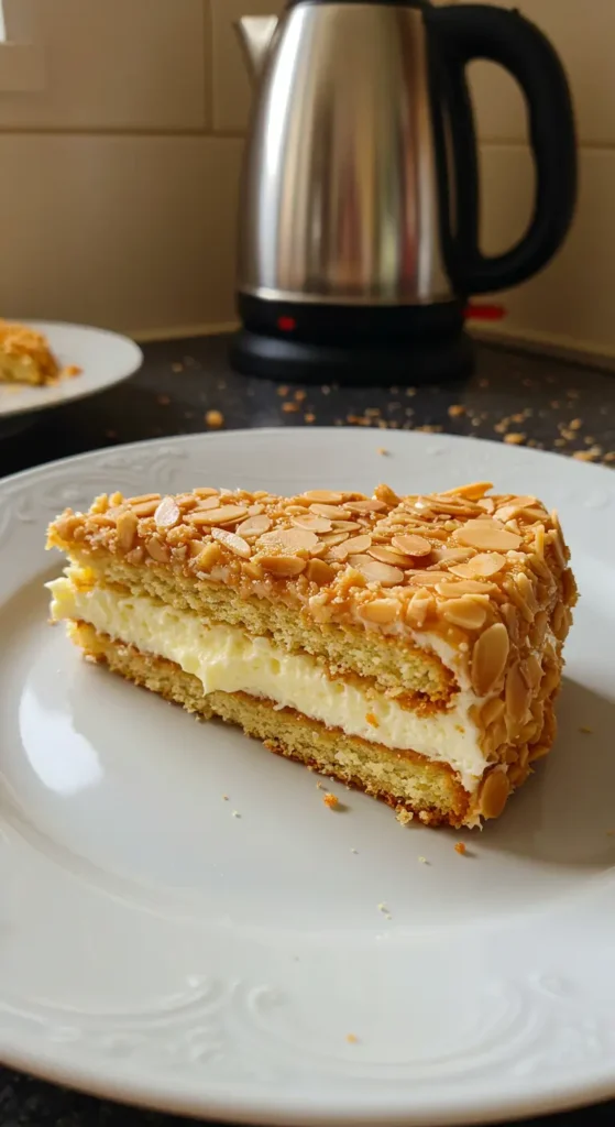 Close-up of traditional Bienenstich Dessert with almond topping and cream filling