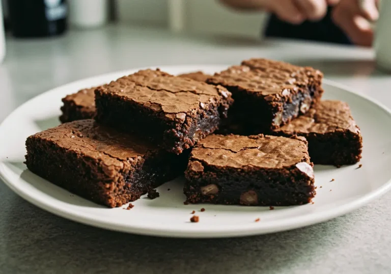 A stack of the best brownies in the world, rich and gooey with a shiny top and melted chocolate chips.