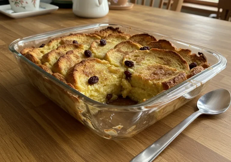 Freshly baked bread pudding with golden crust and vanilla sauce drizzle