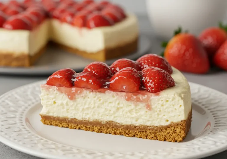 Creamy Strawberry Cheesecake with syrupy strawberry topping on white plate