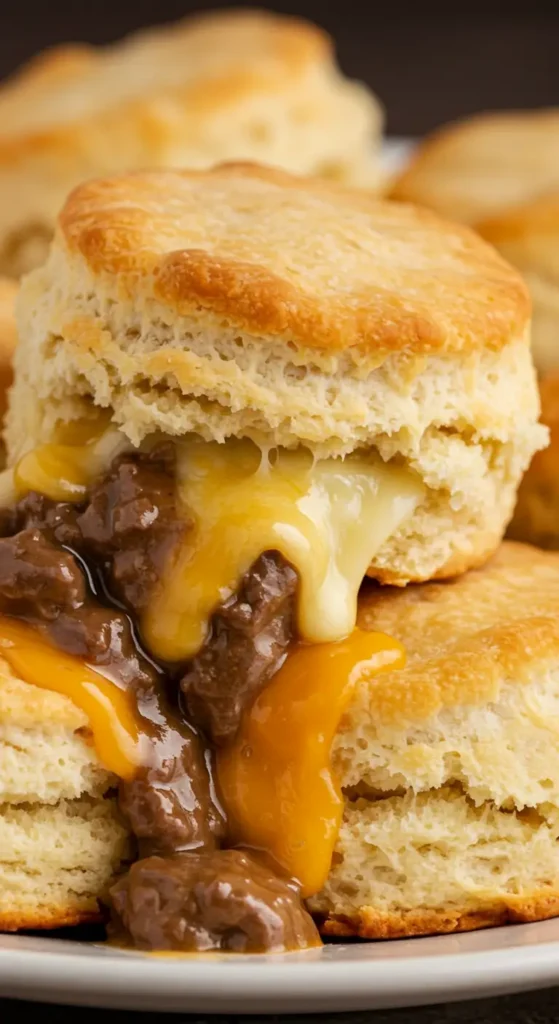 Golden Beef and Cheese Butter Swim Biscuits fresh from the oven, with melted cheese and crispy buttery edges