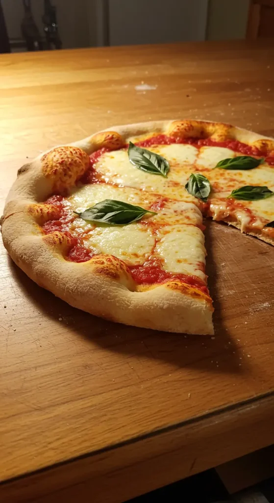 Close-up of baked discarded sourdough pizza dough with golden crust and melted cheese