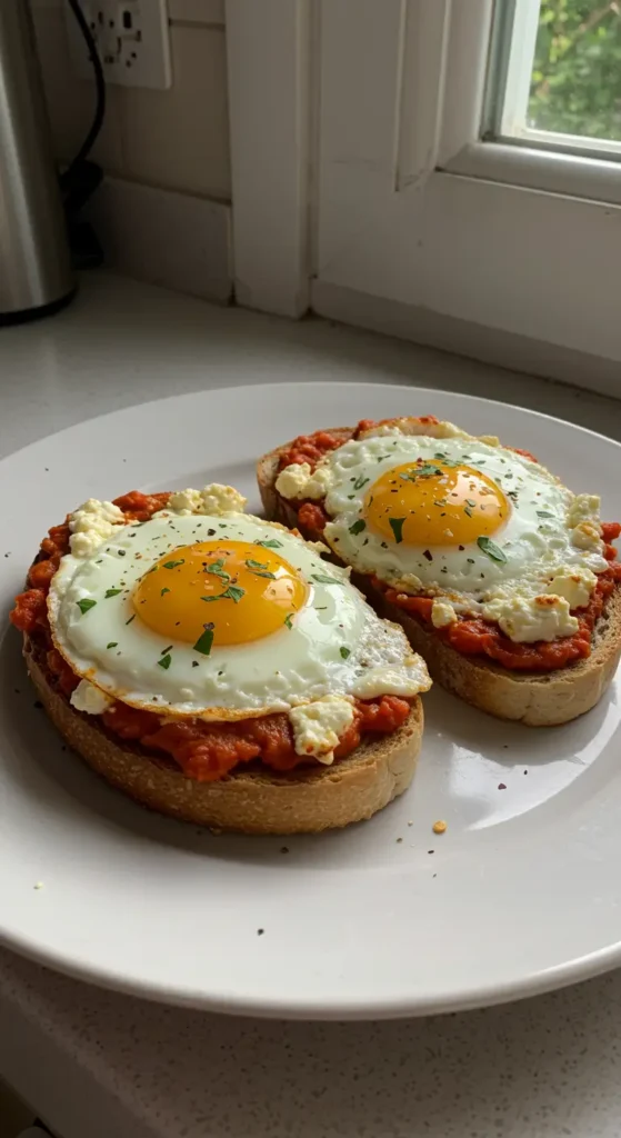 Shakshouka Toast with Feta Fried Eggs served with pesto and herbs on a rustic plate