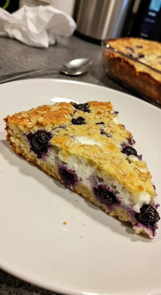 Blueberry Cottage Cheese Breakfast Bake fresh from the oven, topped with blueberries