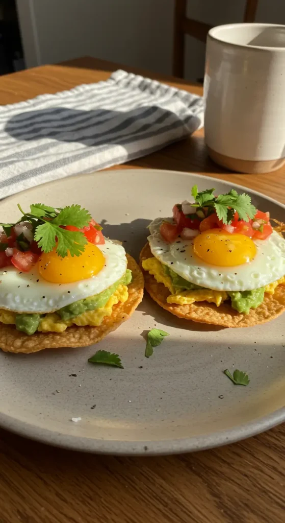 Crispy breakfast tostadas topped with eggs, pico de gallo, and avocado