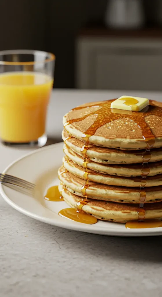 Fluffy Pancakes stacked with butter and syrup on a white plate.
