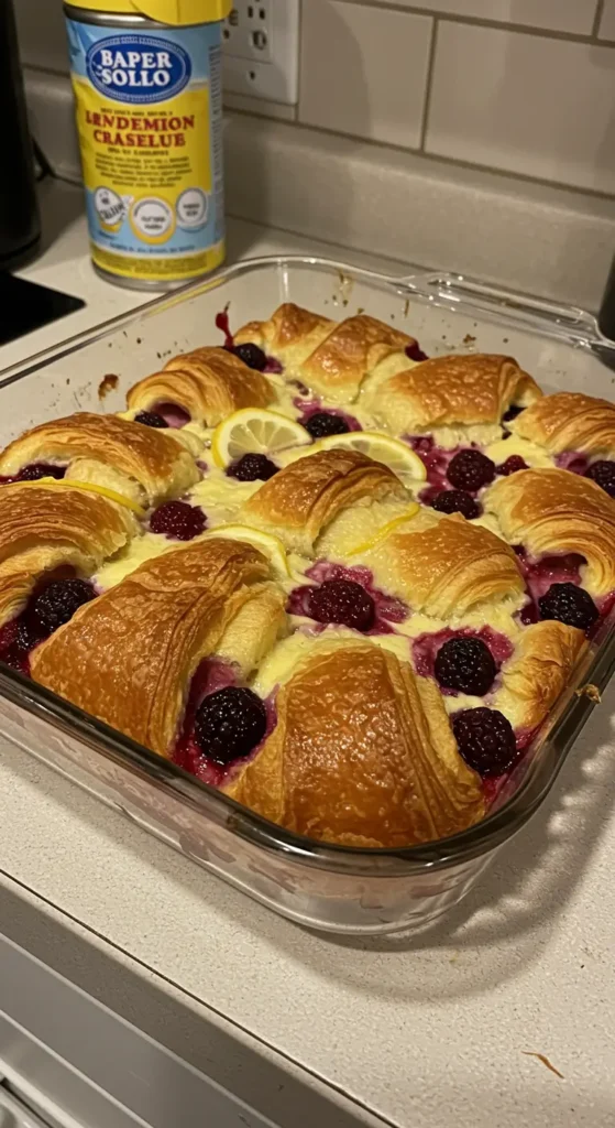 Berry Lemon Croissant Casserole in a baking dish with fresh berries and powdered sugar on top.