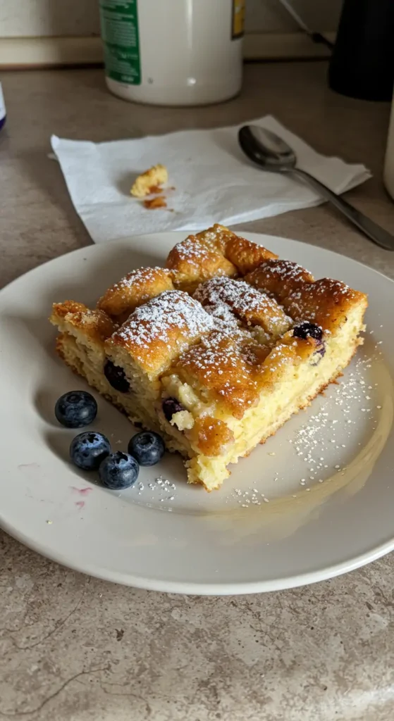 Hawaiian Sweet Roll French Toast Bake topped with powdered sugar and berries