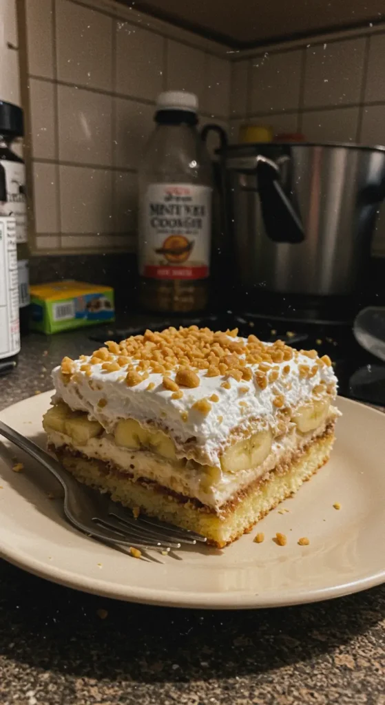 No-Bake Banana Split Dessert with whipped topping, cherries, and graham cracker crust
