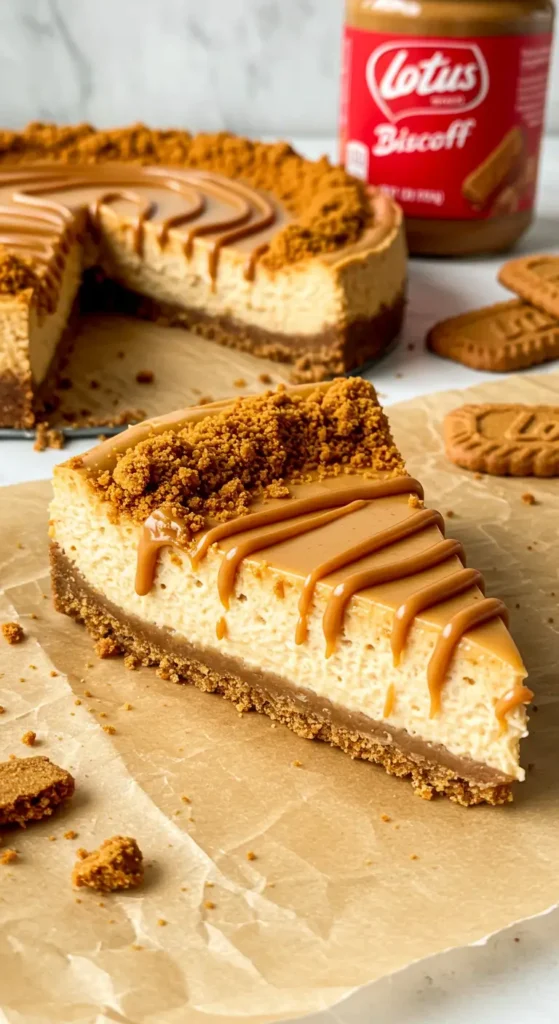 No-bake Lotus Cheesecake Dessert topped with melted Biscoff spread and cookie crumbs