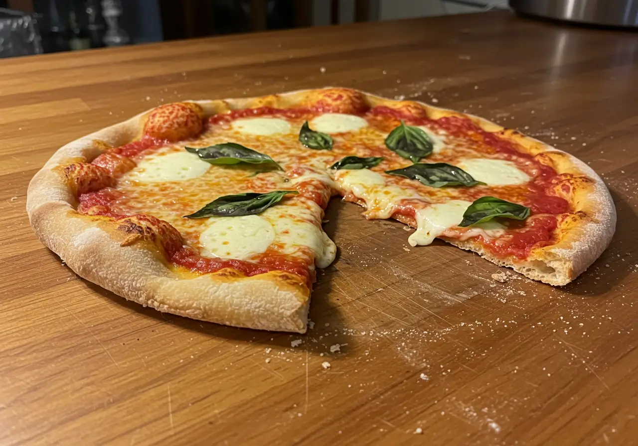 Close-up of baked discarded sourdough pizza dough with golden crust and melted cheese