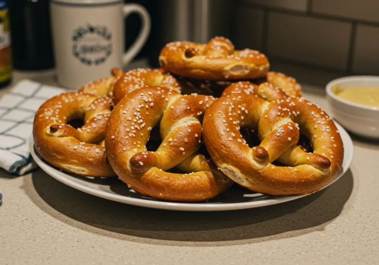 Freshly baked homemade soft pretzels served warm with dipping sauce