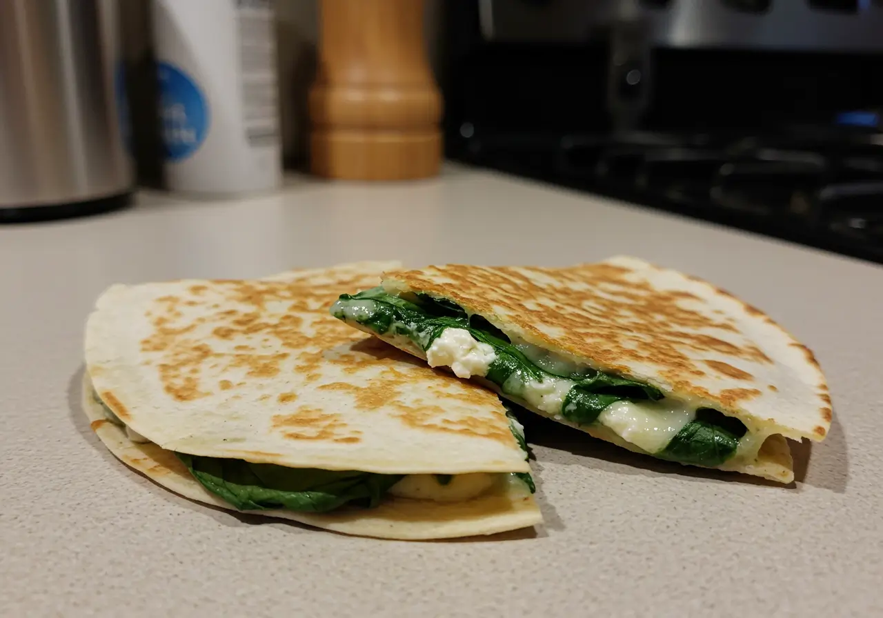 Crispy Spinach and Feta Quesadillas with fresh spinach and melted cheese