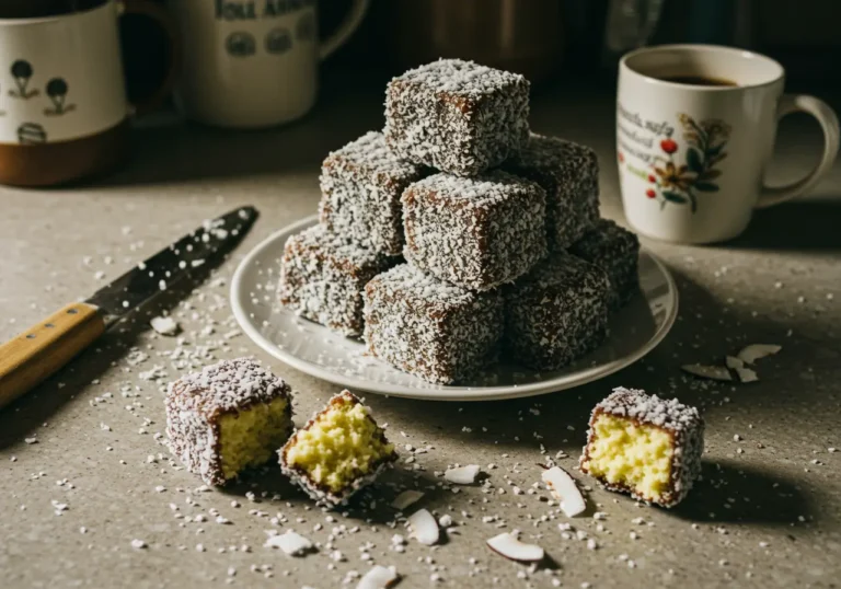 Classic Lamingtons dipped in chocolate and rolled in coconut