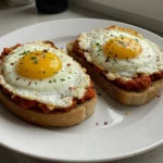Shakshouka Toast with Feta Fried Eggs served with pesto and herbs on a rustic plate