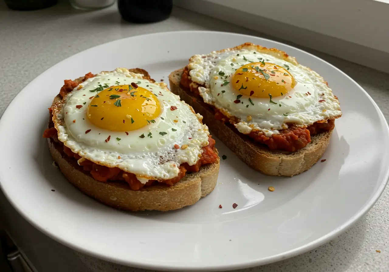 Shakshouka Toast with Feta Fried Eggs served with pesto and herbs on a rustic plate