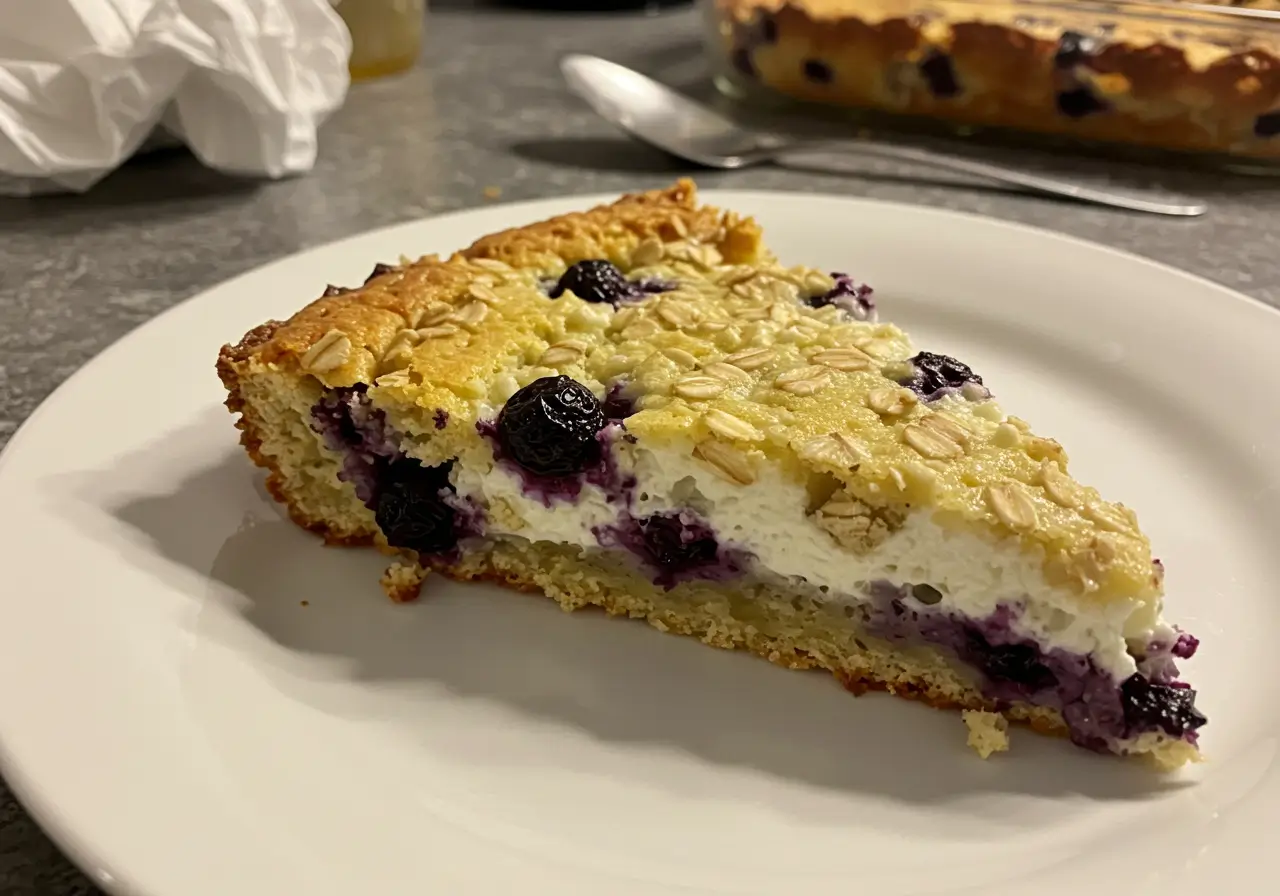 Blueberry Cottage Cheese Breakfast Bake fresh from the oven, topped with blueberries