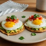 Crispy breakfast tostadas topped with eggs, pico de gallo, and avocado