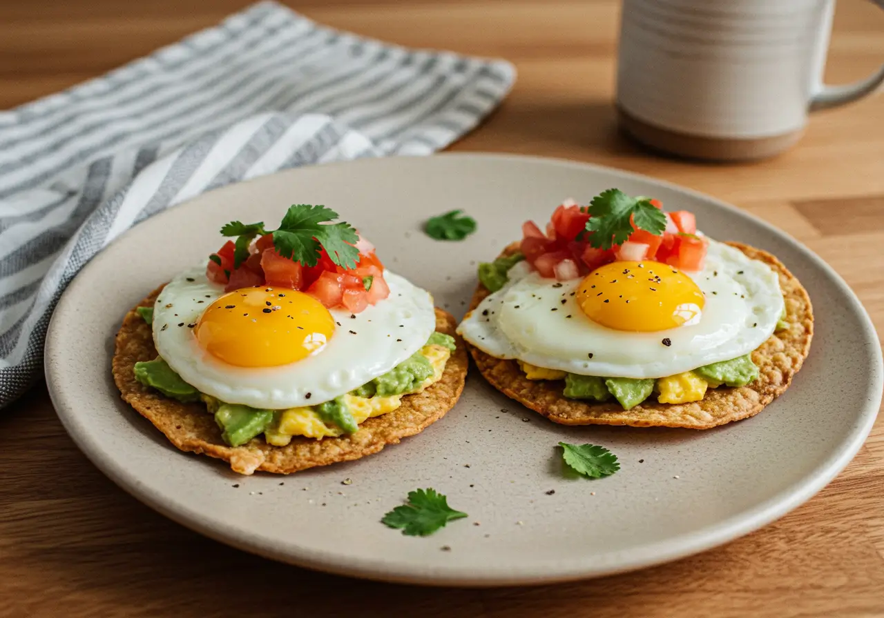 Crispy breakfast tostadas topped with eggs, pico de gallo, and avocado