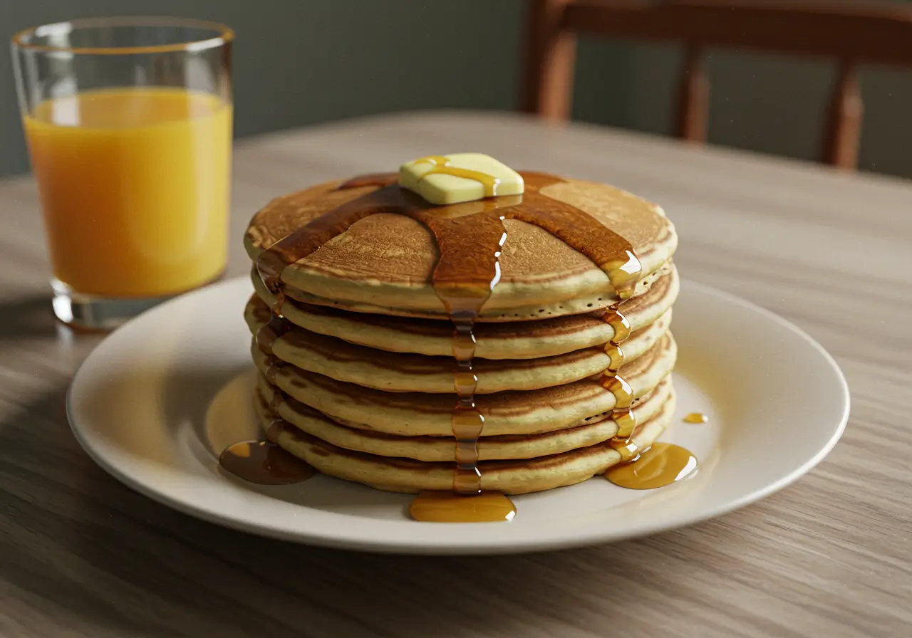 Fluffy Pancakes stacked with butter and syrup on a white plate.