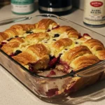 Berry Lemon Croissant Casserole in a baking dish with fresh berries and powdered sugar on top.