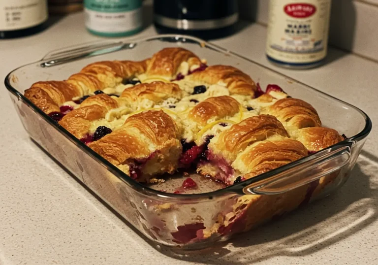 Berry Lemon Croissant Casserole in a baking dish with fresh berries and powdered sugar on top.