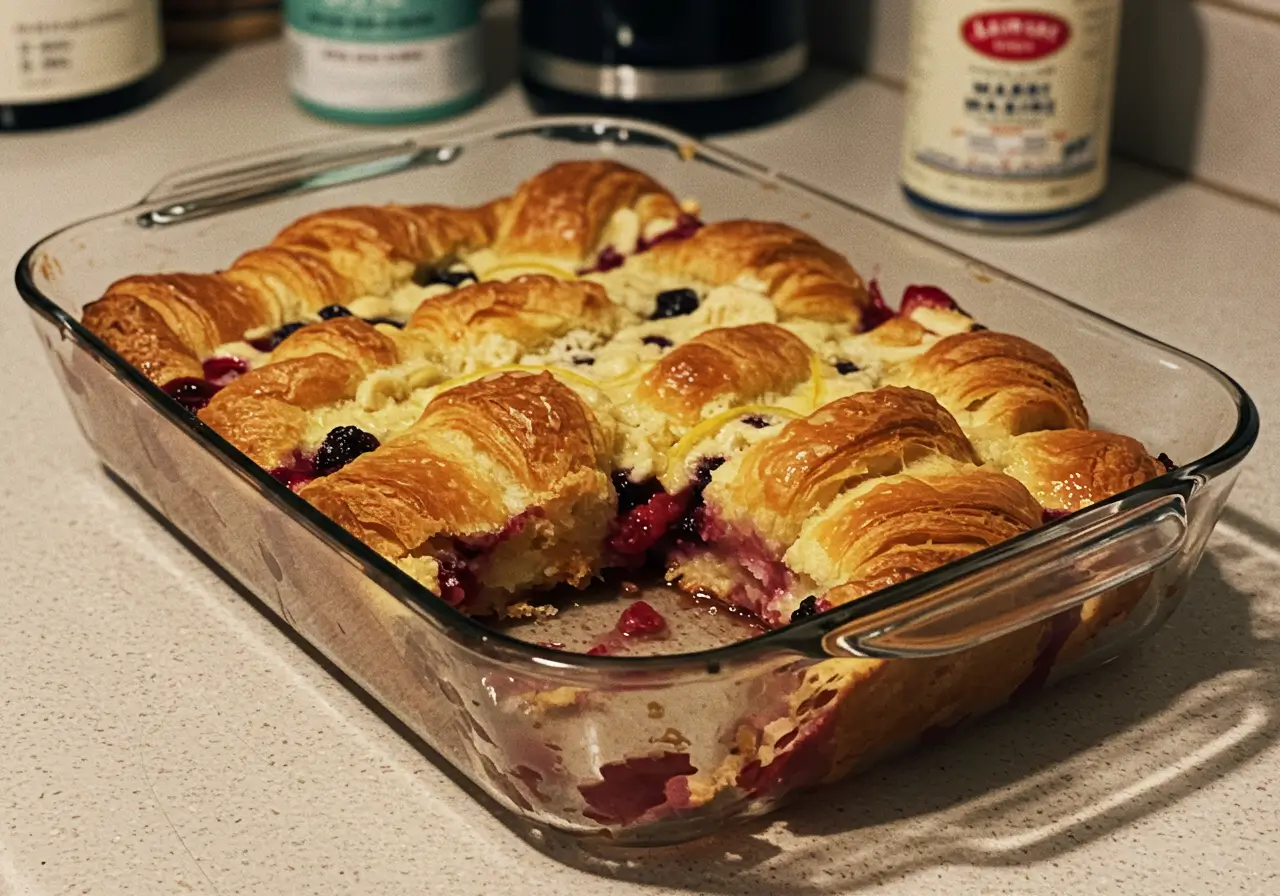 Berry Lemon Croissant Casserole in a baking dish with fresh berries and powdered sugar on top.
