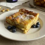 Hawaiian Sweet Roll French Toast Bake topped with powdered sugar and berries