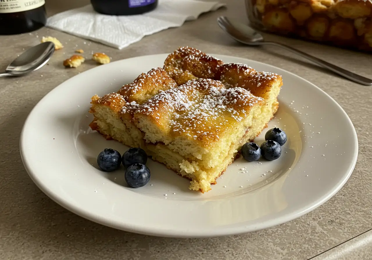 Hawaiian Sweet Roll French Toast Bake topped with powdered sugar and berries