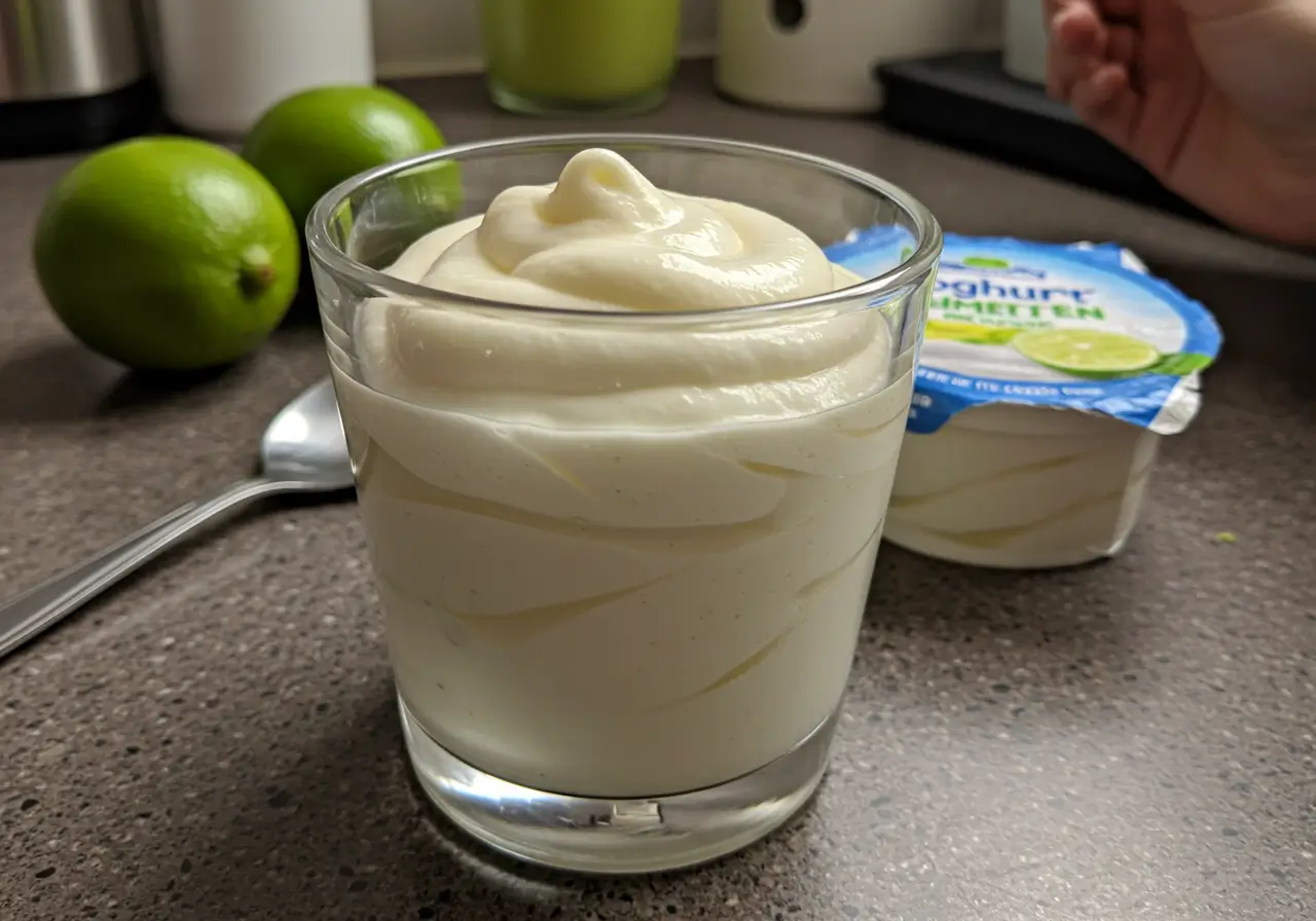 Joghurt Limetten Mousse served in a glass cup with lime zest and mint on top.