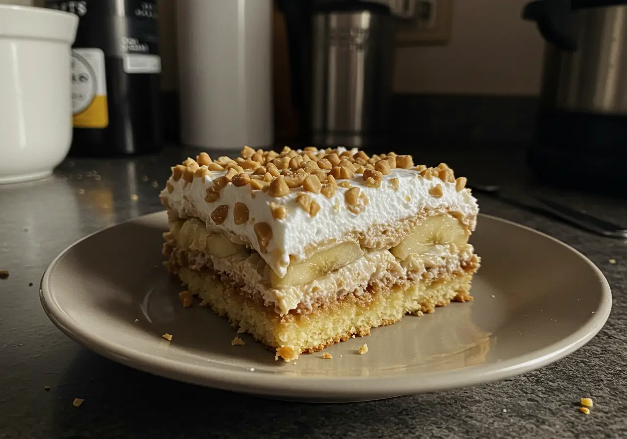 No-Bake Banana Split Dessert with whipped topping, cherries, and graham cracker crust