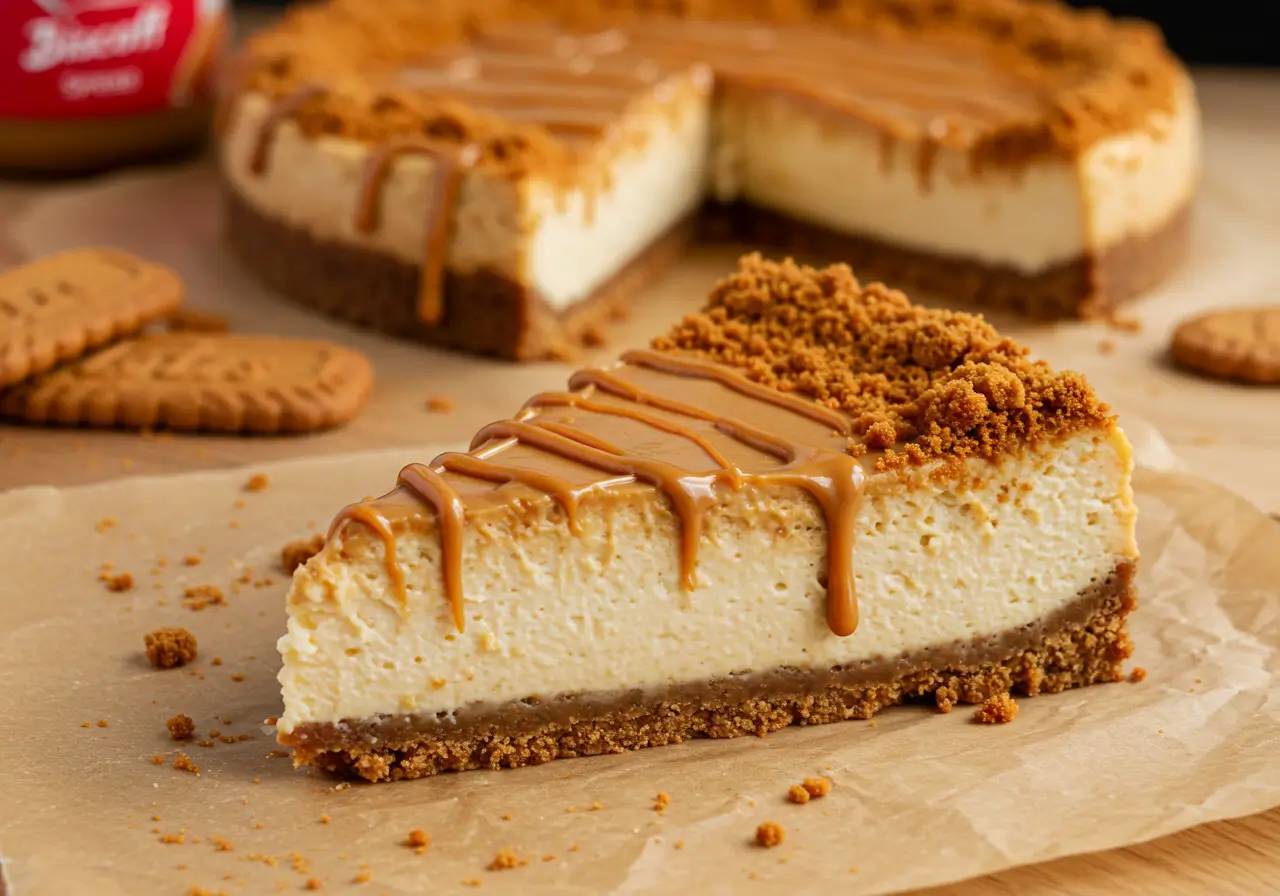 No-bake Lotus Cheesecake Dessert topped with melted Biscoff spread and cookie crumbs