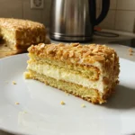 Close-up of traditional Bienenstich Dessert with almond topping and cream filling