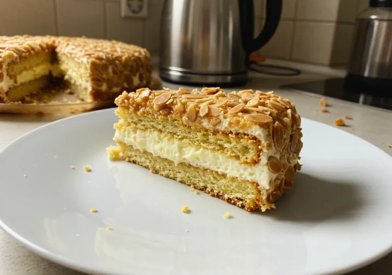 Close-up of traditional Bienenstich Dessert with almond topping and cream filling
