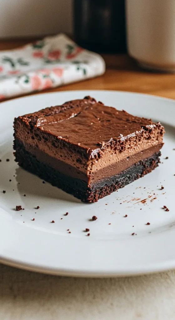 Chocolate Mousse Brownies with layered mousse and ganache on a white plate.