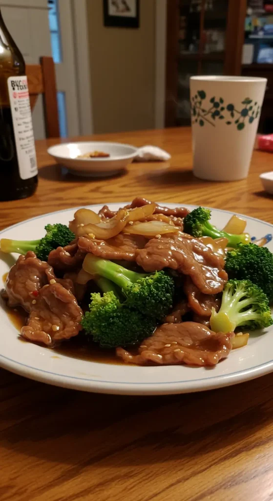 Chinese Beef and Broccoli stir fry with tender beef and crisp broccoli over rice