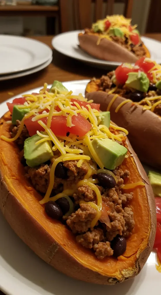 Taco stuffed sweet potatoes topped with avocado, salsa, and fresh cilantro