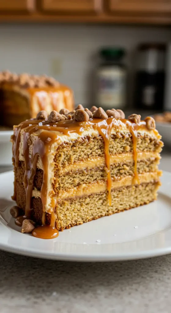 Layered Caramel Toffee Crunch Cake topped with toffee bits and caramel drizzle