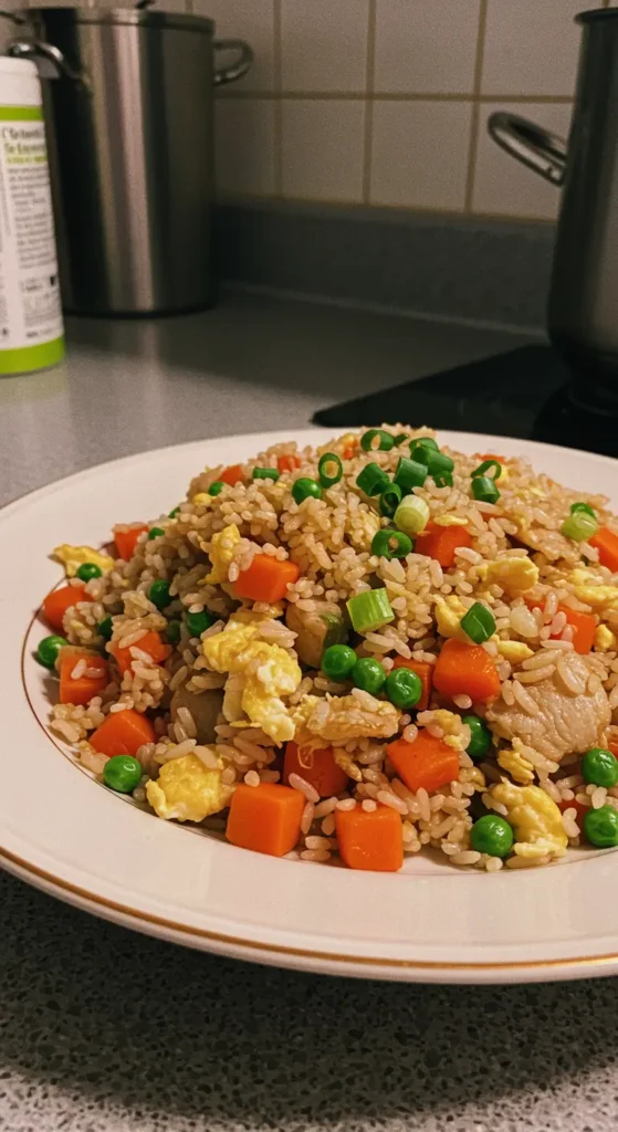 Homemade fried rice recipe served in a ceramic bowl with vegetables and eggs